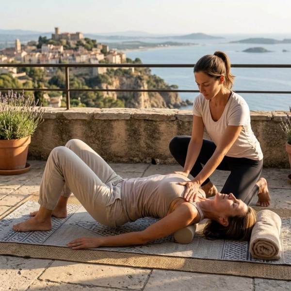 Cours de Pilates à domicile à Hyères. APS DOMICILE vous aide à traiter vos douleurs dorsales avec des exercices d'étirement axial et de renforcement profond.